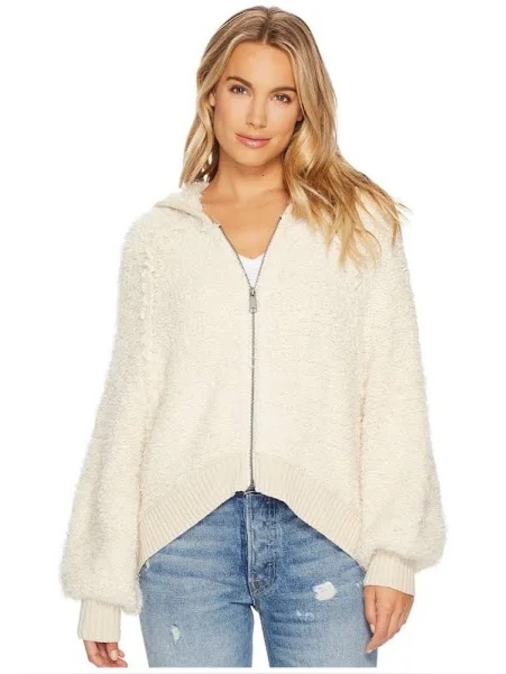Free People Furry time Zip Up Hoodie Cardigan in Ivory Sold on Revolve